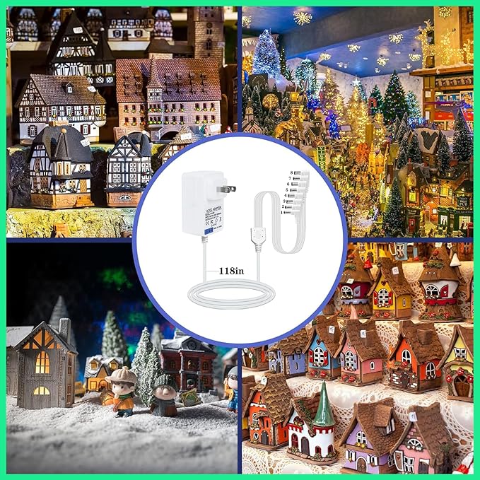 AC/DC 4.5V Power Adapter Compatible with Lemax Lighted Accessory AC DC Power Adapter for Christmas Halloween Village Mini Lighting Building Decoration(White,8 Output, Bend)