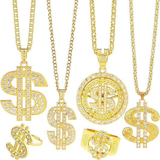 6 Pack Fake Gold-Colored Dollar Sign Chain Necklace Ring for 80s 90s Hip Hop Costumes Outfit, Rapper Jewelry for Men Women
