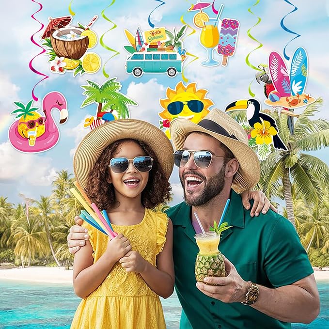 Hawaiian Luau Summer-Pool Party-Decorations Supplies - 10pcs Hello Banner,Outdoor Beach Theme Tissue Streamers Garland,Aloha Flamingo Hanging Swirl,Tropical Backdrop Office Tiki Decor Burgleda