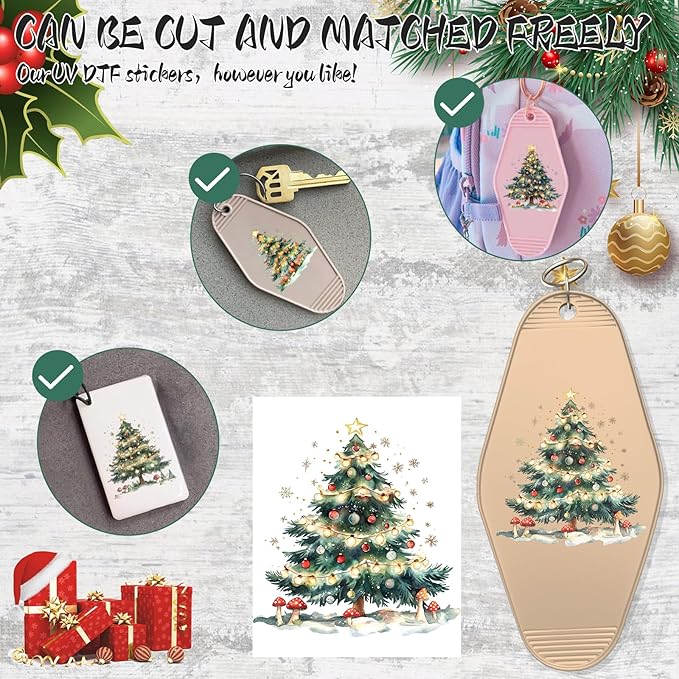 UV DTF Keychain Sticker,48 Sheets Star Christmas Tree Bright Holiday Scene Transfer Stickers Suitable for Hotel Keychains
