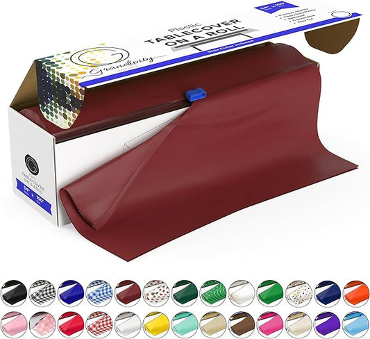 Grandipity Plastic Rectangular Tablecloth Roll, 54x100' Burgundy, Disposable with Cutter Box, Wrinkle-Resistant, Waterproof, for Parties & Events