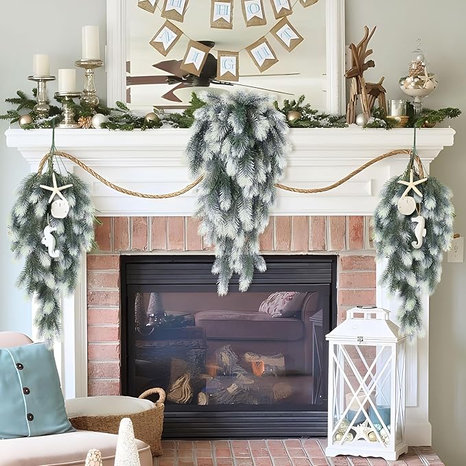 RECUTMS 2 Packs Hanging Artificial Pine Needle Branches Green Plant Pine Needle Accessories Artificial Hanging Plants Outdoors Faux Plant for DIY Christmas Indoor Outside Decoration(White)