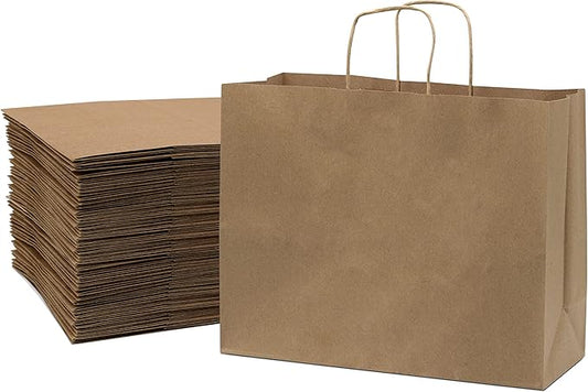 Prime Line Packaging Brown Paper Bags, Kraft Shopping Gift Bags with Handles for Small Business, Retail, Boutique & Grocery Use, To Go, Events, Bulk, 16x6x12, 100 Pack