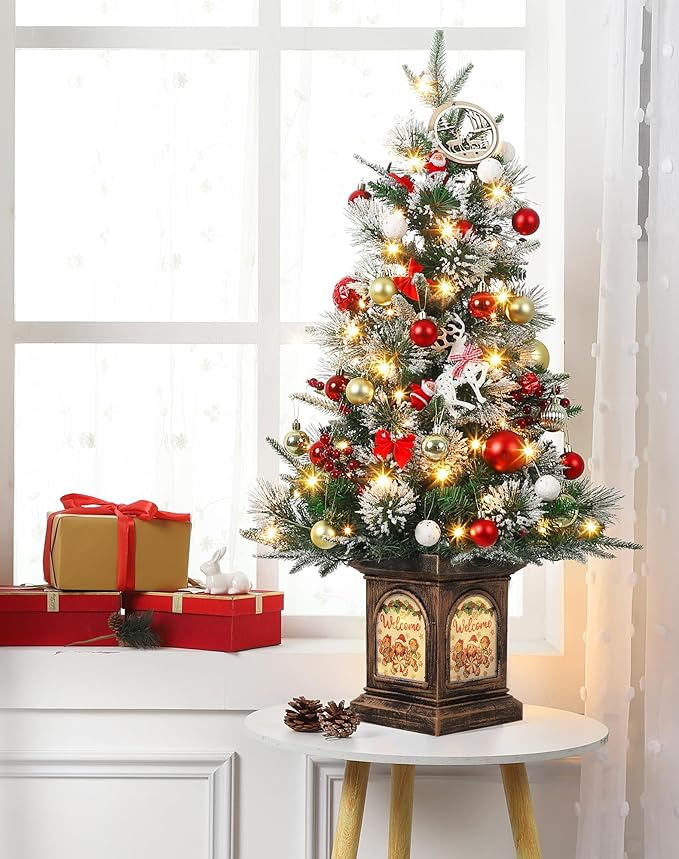 3 ft Prelit Premium Snow Flocked Artificial Christmas Tree with 8 Mode Warm White Led, Mini Prelit Xmas Pine Tree for Christmas Decoration,Yard,Home,Office,Outdoor,Indoor, Gingerman Rusty Base 2 Pack