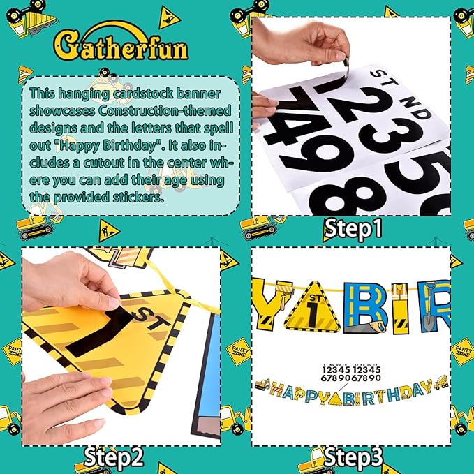 Construction Birthday Party Supplies Kit - Disposable Paper Plates, Napkins, Cups, Tablecloth, & Banner - Construction Theme Birthday Party Decorations, Serve 25