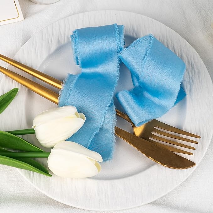 Satin Silk Ribbon, Light Blue Ribbon for Wrapping, 1-1/2 inch x 15 Yd Handmade Frayed Fringe Ribbons, for Wedding Engagement Birthday Shower Craft Flower Bouquet Invitation Decor, 3 Rolls
