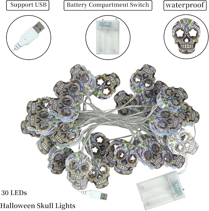 Halloween String Lights,15FT 30 LED Fairy Decor Lights USB & Battery Operated (Not Included) Cute Skull String Lights 2 Modes Waterproof Fall Light Decoration for 2025 Indoor Outdoor Home Party Garden