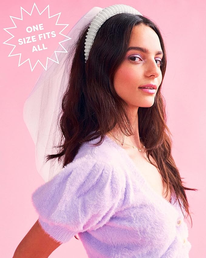 xo, Fetti Bachelorette Party Decorations Pearl Headband with Detachable Veil | White Headpiece Bridal Shower Gift, Bridesmaid Favors