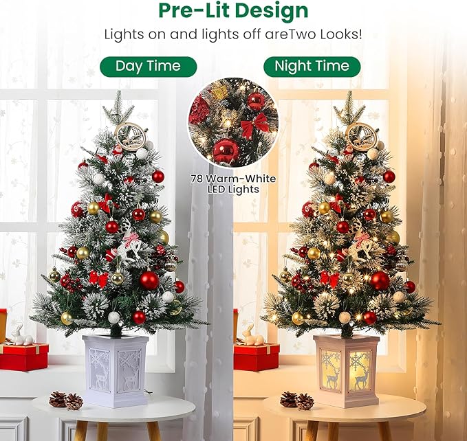 3 ft Mini Christmas Tree with Premium 78 Warm White Led, 8 Mode Xmas Pine Tree for Christmas Decoration, Party Decoration, Home, Office, Snow Flocked White Moose Base 2 Pack