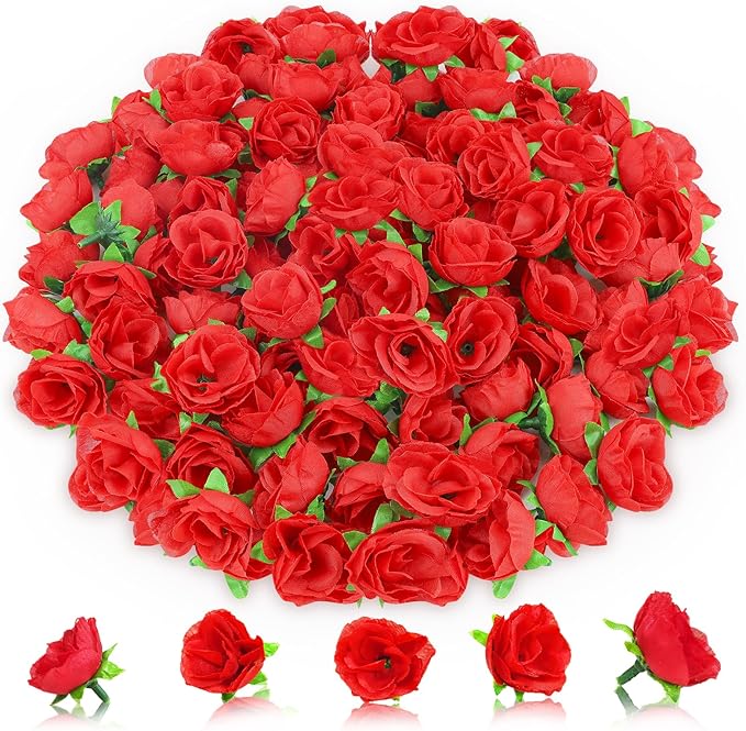 100Pcs 1.3 Inches Mini Red Roses Artificial Flowers Mini Rose Flowers for Crafts Fake Small Silk Rose Head for Wedding Bouquet DIY Party Table Centerpieces Decor