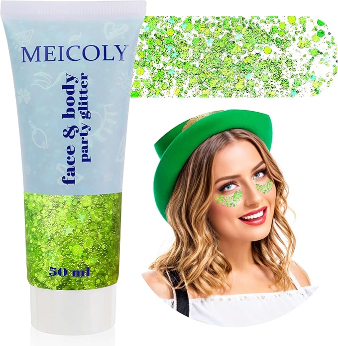 MEICOLY Lime Green Face Body Glitter,Christmas Face Glitter Stocking Stuffers,Light Green Body Glitter,St Patricks Day Accessories,Chunky Glitter Face Paint for Party Festival Halloween