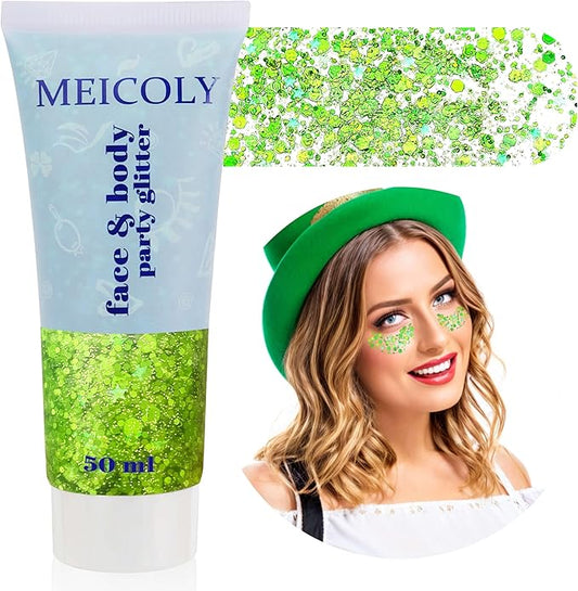 MEICOLY Lime Green Face Body Glitter,Christmas Face Glitter Stocking Stuffers,Light Green Body Glitter,St Patricks Day Accessories,Chunky Glitter Face Paint for Party Festival Halloween