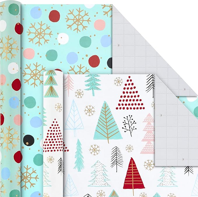 Hallmark Holiday Wrapping Paper Bundle with Cut Lines on Reverse, Quirky Christmas (Pack of 4, 120 sq. ft. ttl) Yeti, Santa, Penguin, Snowflakes, Blue, Gold