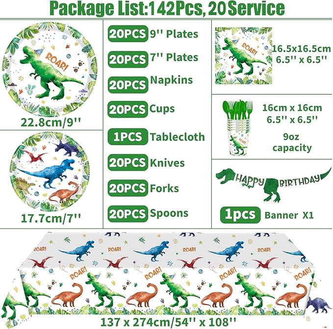 142 Pcs Watercolor Dinosaur Party Supplies Dinosaur Theme Birthday Party Decoration Includes Plates Cups Napkins Knives Forks Spoons Tableware for Boys Birthday,Serves 20 Guests