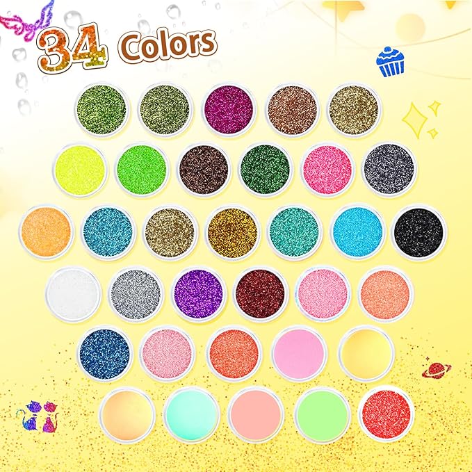 Temporary Glitter Tattoos Kit Kids with 187 glitter Tattoo Templates 34 Colors 3 Glitter Glue and Brushes Suitable for Kids and Girls Glitter Temporary Tattoos Fun Creative Activities
