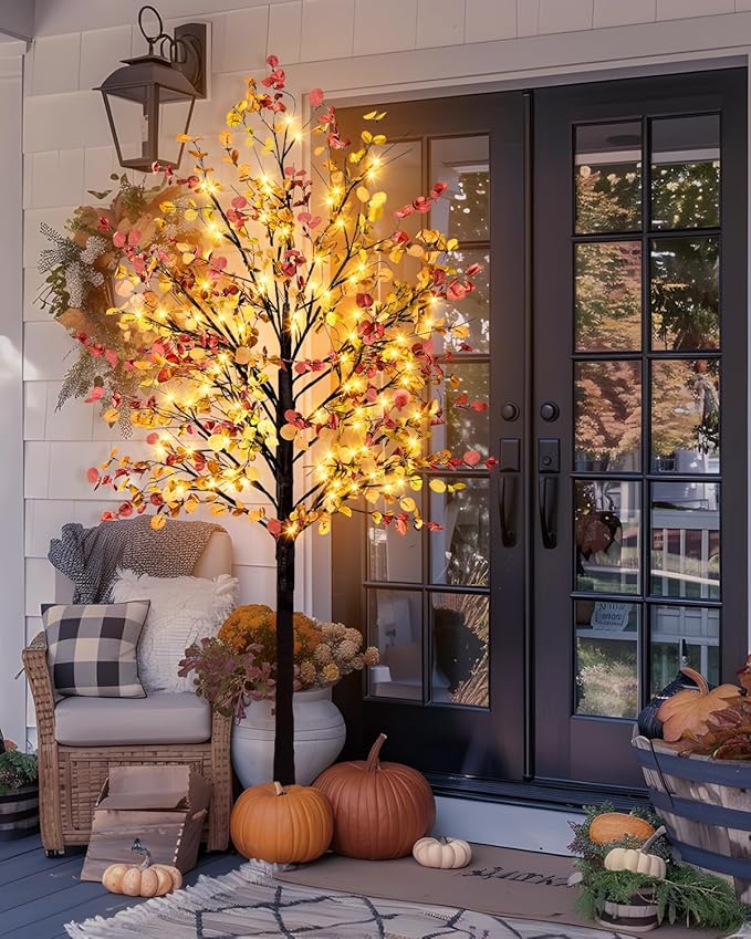Lighted Fall Eucalyptus Tree, 7FT Faux Fall Tree with 128 Led Lights Artificial Autumn Light Up Eucalyptus Tree for Indoor Outdoor Harvest Fall Thanksgiving Decor