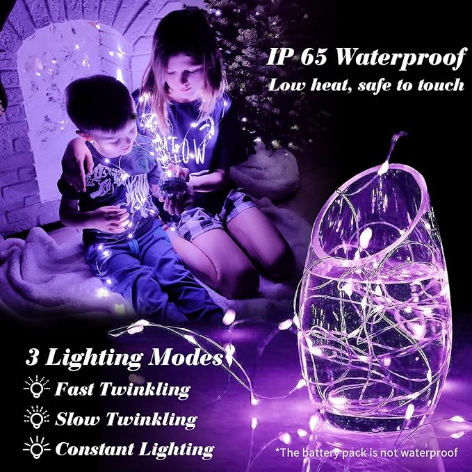 ZGWJ 50 Pack Fairy Lights Battery Operated, 7ft 20 Mini LED Fairy String Lights Silver Wire 3 Modes for DIY, Parties, Wedding, Bedroom, Halloween Christmas Decoration Purple