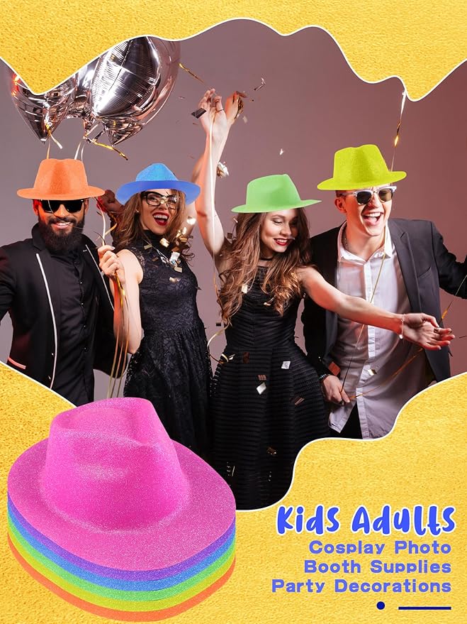 24 Pcs Neon Party Hats Bulk Plastic Fedora Party Hats Glitter Party Gangster Hats for Adult Kids Party Supplies