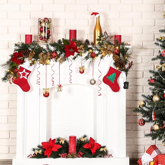 GarveeHome Prelit Christmas Garland for Mantle, 6 ft Battery Operated Xmas Garland with 20 LED Lights Timer Red Gold Balls for Fireplace Stair Railing TV Stand Indoor Outdoor Holiday Decor