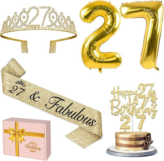 27th Birthday Decorations for Women Gold Set with 27th Birthday Tiara and Sash, Cake Topper and Candles, Number Balloons, 27 Year Old Gifts for Women