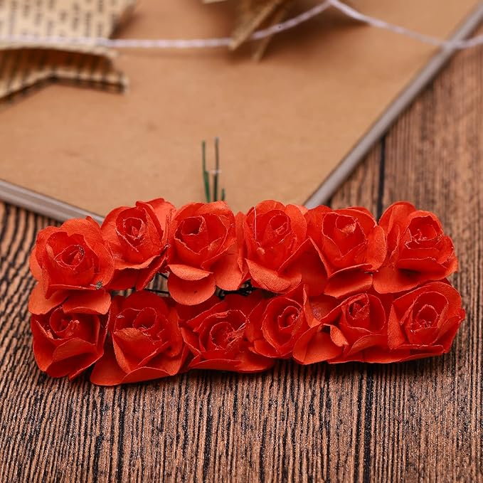144pcs Mulberry Paper Mini Roses Artificial Flowers Heads with Stems for DIY Crafts Accessories Make Bridal Hair Clips Headbands Dress Wedding Bridal Bouquets Party Home Decor Valentine's (Orange)