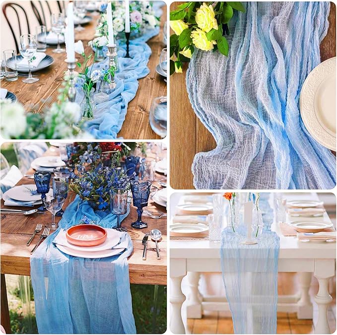 12 Pack Baby Blue Cheesecloth Table Runner 10FT Boho Gauze Fabric Table Runner 35 x 120 Inch Rustic Sheer Runner for Centerpiece Wedding Decor Party Boho Table Decoration（Baby Blue）