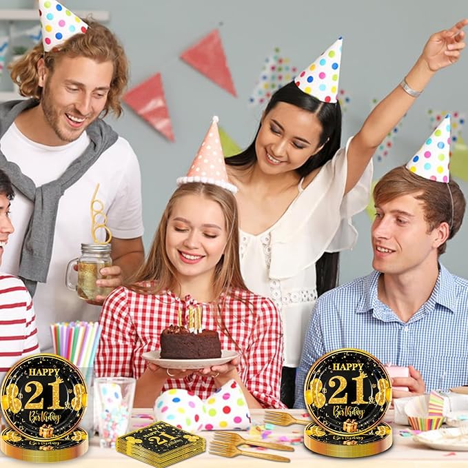 21th 7 inch Birthday Party Paper Plates and Napkins Forks 60 pcs Black Gold Birthday Decorations for Boys Girls Tableware Set Anniversary Party Supplies,Serve 20