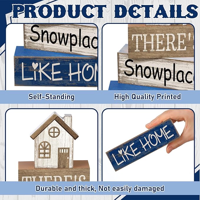 4 Pcs Christmas Table Decor Winter house Wooden Table Decorations Rustic Signs Tiered Tray Decor Wood Farmhouse Vintage Ornaments Winter Christmas Gift for Kitchen Home Desk