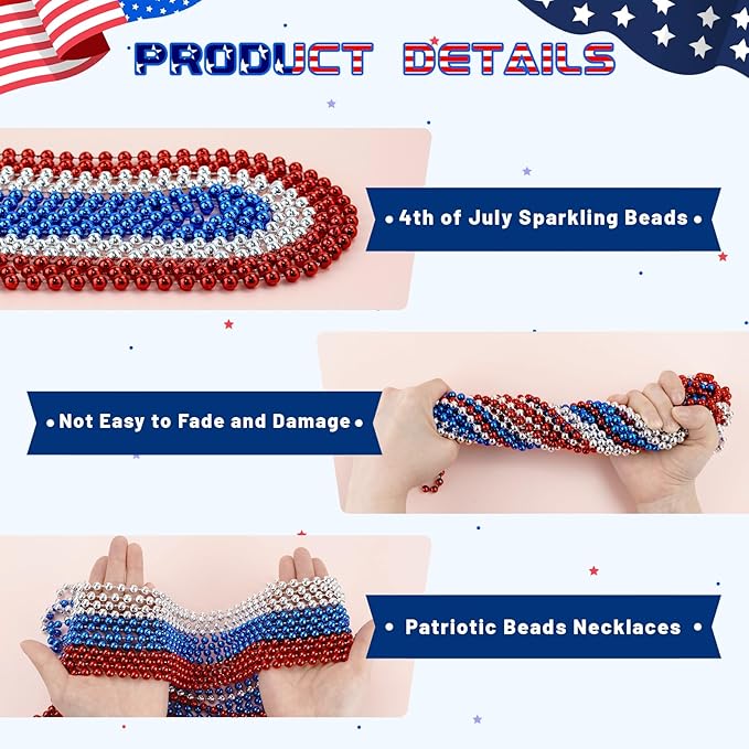 102 PCS Patriotic Bead Necklaces, 4th of July Beads Necklaces Bulk 4th of July Accessories 33 Inch Metallic Red/Silver/Blue Beaded Necklaces for Patriotic Day, Carnival Party Favor
