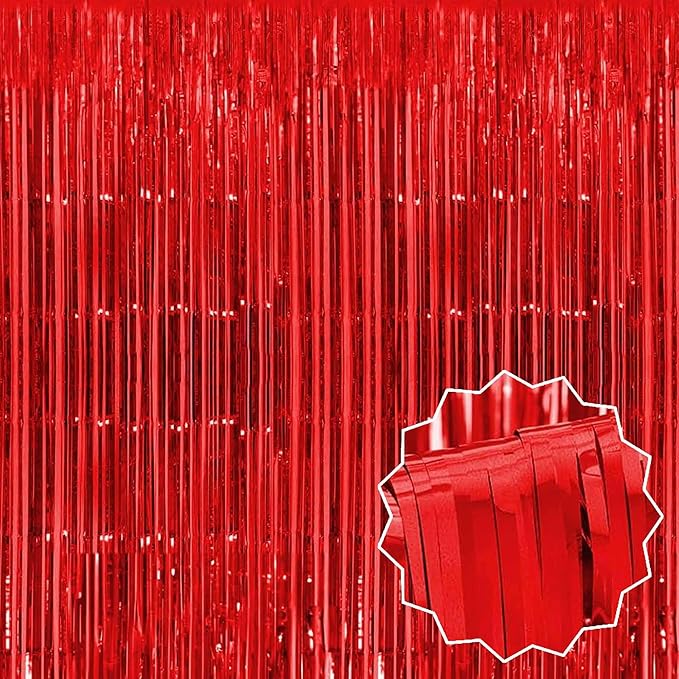 3 Pack Red Foil Fringe Curtains Backdrop, 3.28 x 8.2 Ft Metallic Streamers Tinsel Curtains Background for Photo Booth, Birthday, Halloween, Christmas, Thanksgiving, New Year Party Decorations