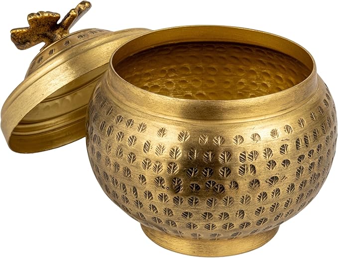 Creative Co-Op Round Hammered Metal Container with Butterfly Finial, Brass Finish