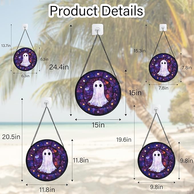 Stained Glass Window Hanging - Halloween White Star Ghost Purple Starry Sky Suncatcher for Doors Garden Indoor Spooky Sun Catchers Gothic Decor Horror Gifts for Women Men Friend 7.8 in
