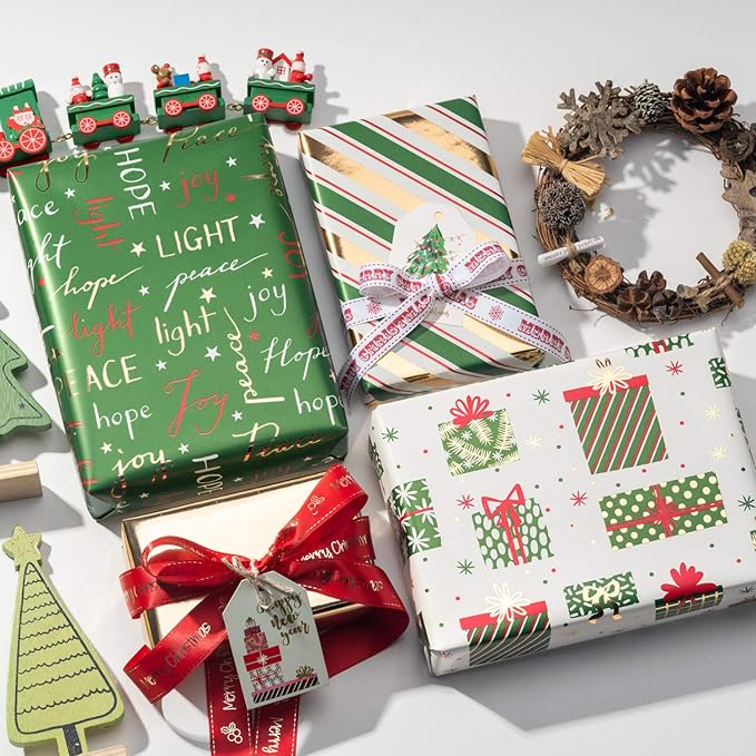 WRAPAHOLIC 30 Inch Green Christmas Wrapping Paper Roll - Jumbo Roll Green Holiday Set with Metallic Foil Shine - 4 Rolls - 30 Inch x 120 Inch Per Roll