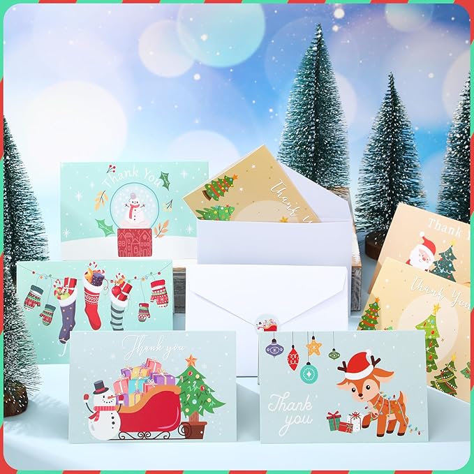 24Set Christmas Thank You Card with Envelopes and Stickers Xmas Greeting Cards Gift Box Santa Christmas Tree Thank You Christmas Cards with Envelope Holiday Thank You Card for Xmas Holiday (Snowman)