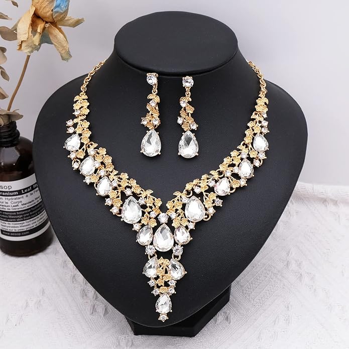 CSY Elegant Crystal Costume Jewelry Sets Flower Bridal Necklace Earrings Stretch Bangle Set for Bride Bridesmaid Wedding Dress Accessories