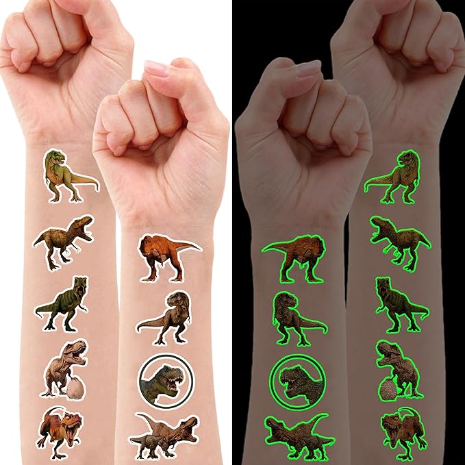 96 PCS T Rex Dinosaur Pre-Cut Temporary Tattoos Birthday Party Decorations Favors Supplies Decor 3D Tyrannosaurus Rex Dino Trex Cute Stickers Boys Girls Gift School Prizes Rewards (Luminous)