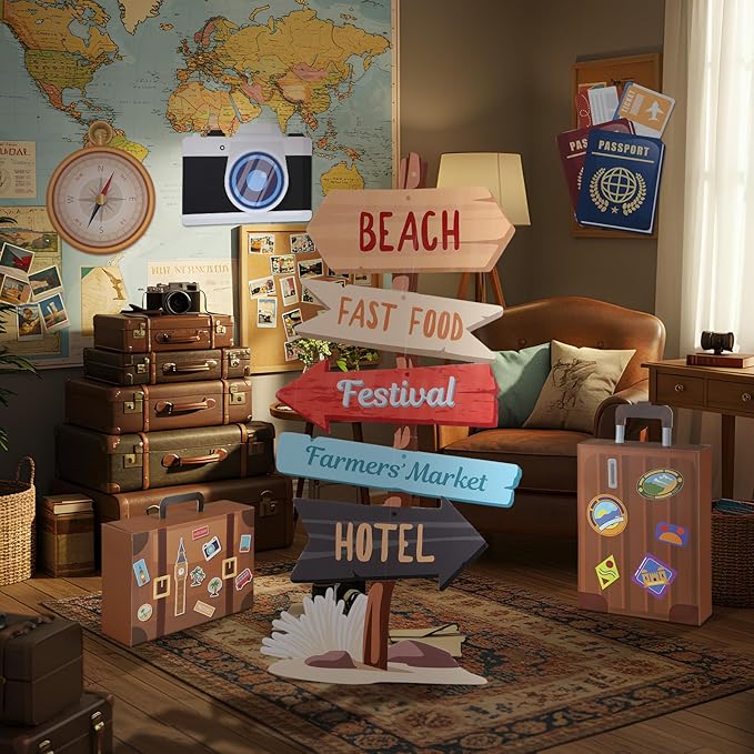 Tenceur 6 Pieces Travel Party Decorations Sets Adventure Signs 47.2 Inch Road Stand Cutouts Travel Around The World Suitcase Box Compass Passport Camera Sign for Photo Booth Props Party Supplies