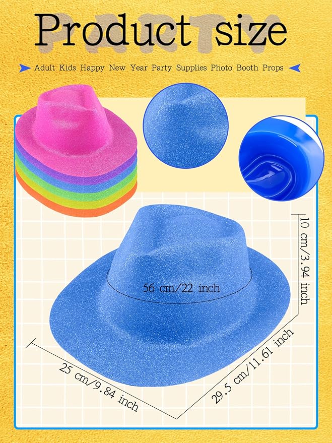 24 Pcs Neon Party Hats Bulk Plastic Fedora Party Hats Glitter Party Gangster Hats for Adult Kids Party Supplies