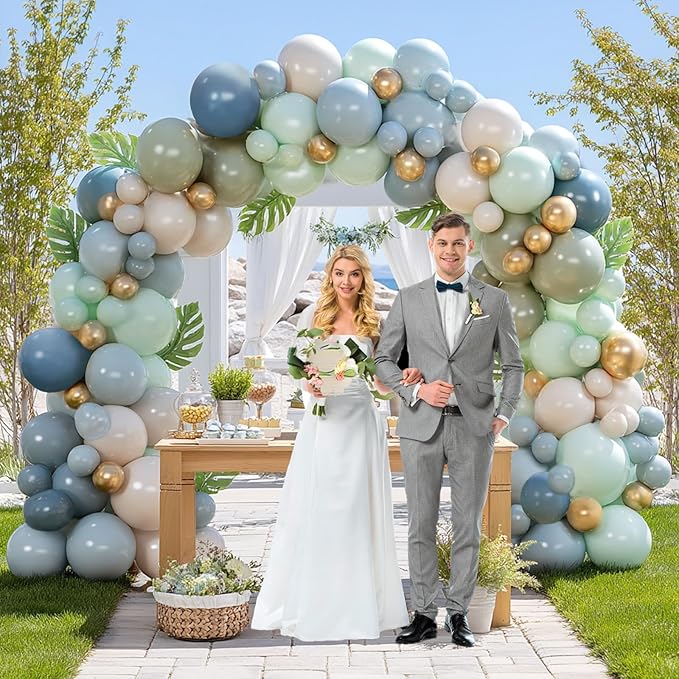 Sage Green Dust Blue Balloon Arch Kit Double Fill Olive Green White Sand Beige Gold Balloons Garland for Jungle Safari Birthday Baby Shower Wedding Party Decorations