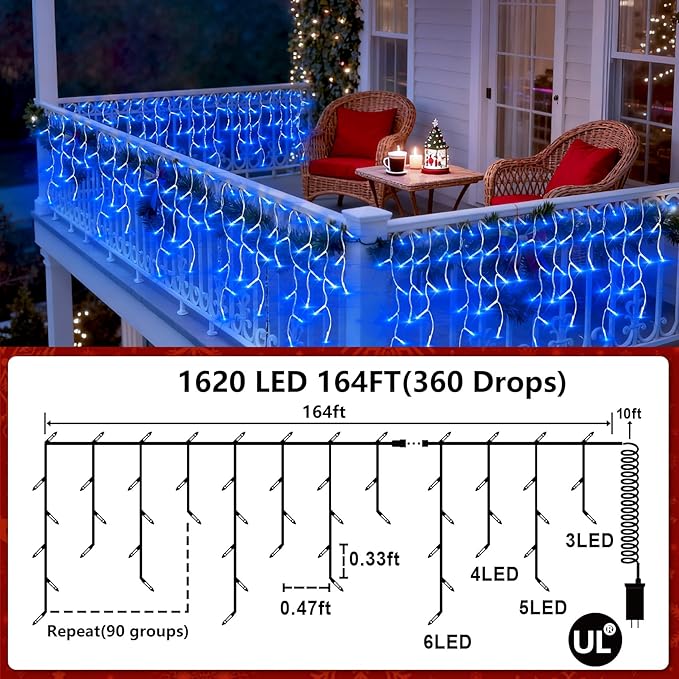 1620 LED 164ft Outdoor Christmas Lights, 12 Modes Dimmable Curtain String Lights with 360 Drops, Waterproof Twinkle Fairy Lights with Timer for Bedroom Window Holiday Wedding Xmas Decor, Blue