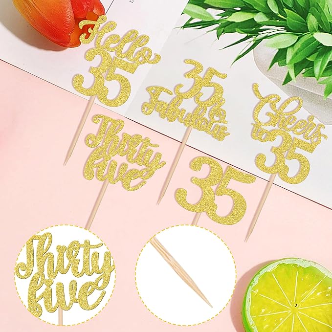 30PCS Happy 35th Birthday Cupcake Toppers Glitter Hello 35 Fabulous Thirty Five Cheers to 35 Years Old Birthday Cupcake Picks for Happy 35th Birthday Anniversary Party Cake Decor Supplies Gold