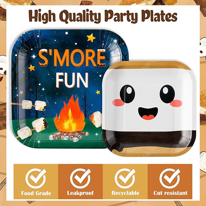 S’Mores Camping Party Decoration - Serves 24 - 112Pcs - S’More Love Fun Party Supplies, Campfire Disposable Plate Napkin Forks Tablecloth Banner Card, for Kid Camper Birthday Baby Shower
