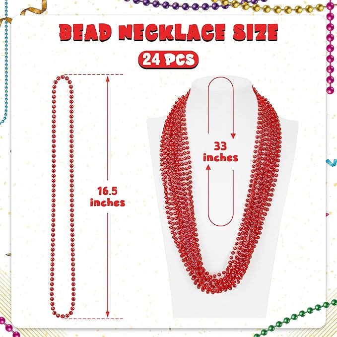 24 PCS Red Christmas Bead Necklaces, Mardi Gras Beads Bulk, 33" Metallic Color Beaded Costume Necklaces for Carnival, Beaded Accessory for Parade Throws Wedding Carnival Festive Event Accessories