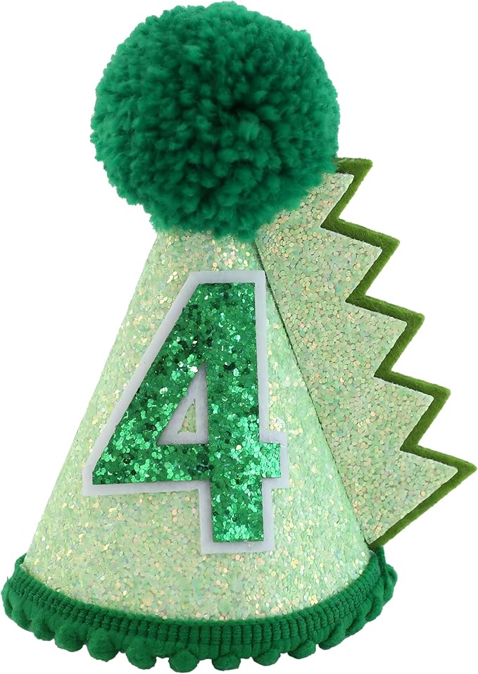 Green Glitter Dinosaur Birthday Cone Hat for 1-5 Years Old Kids Boys Dino Dinousour Birthday Hat Party Decoration