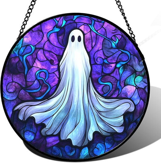 Stained Glass Window Hanging - Halloween Decoration Fantasy Ghost Suncatcher for Door Garden Spooky Blue Purple Sun Catchers Gothic Decor Horror Gifts for Women Men Friend Boy Girl 15 in