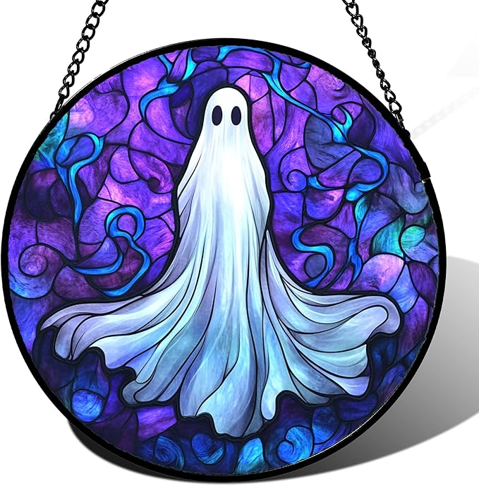 Stained Glass Window Hanging - Halloween Decoration Fantasy Ghost Suncatcher for Door Garden Spooky Blue Purple Sun Catchers Gothic Decor Horror Gifts for Women Men Friend Boy Girl 9.8 in