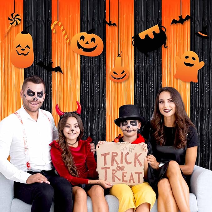 6 Pack Black Orange Foil Fringe Curtains Backdrop, 3.28 x 9.8 Ft Metallic Streamers Tinsel Curtains Background for Photo Booth, Birthday, Halloween, Christmas, Thanksgiving, New Year Party Decorations