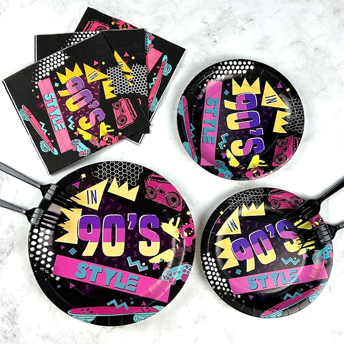 96 PCS Back to the 90s Party Decorations Supplies, Birthday Party Tableware Set 90s Party Dessert Plates Napkins Forks for 24 Guests 80s Favors