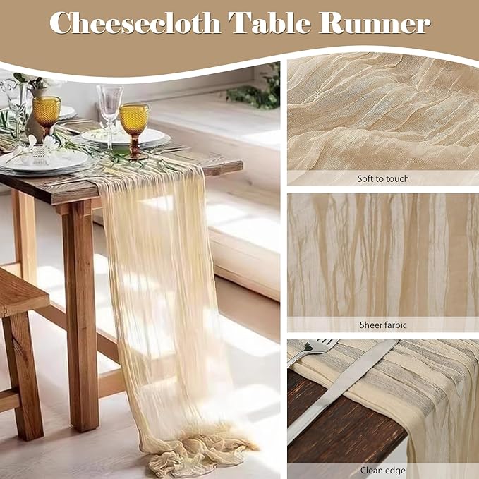 6 Pack 10 Ft Cheesecloth Table Runner Beige Gauze Long Table Runners Boho Gauze Cheese Cloth Table Runner Rustic Sheer Runner for Wedding Party Table Decor ( 35 x 120 Inch )