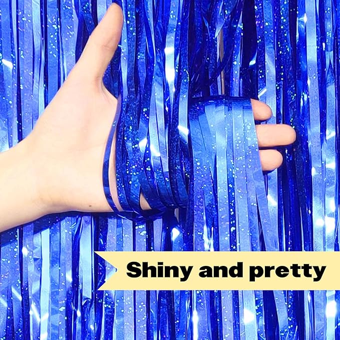 3 Pack Blue Foil Fringe Curtains Backdrop, 3.28 x 8.2 Ft Metallic Streamers Tinsel Curtains Background for Photo Booth, Birthday, Christmas, Halloween, Thanksgiving, New Year Party Decorations